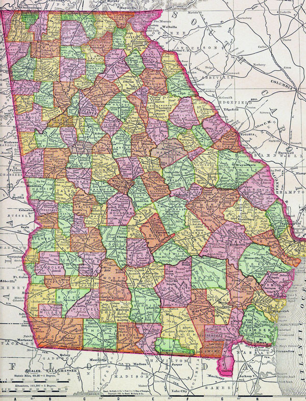 Detailed old administrative map of Georgia state - 1895.