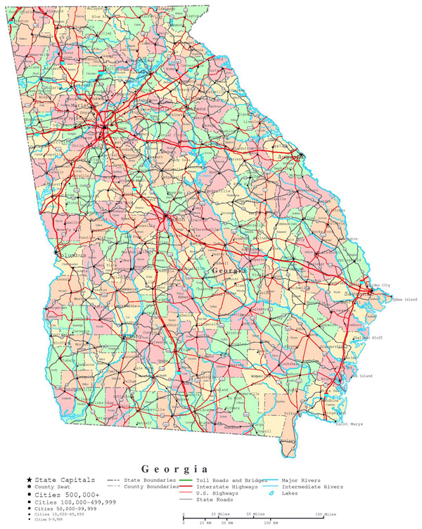 Large administrative map of Georgia state with roads, highways and cities.