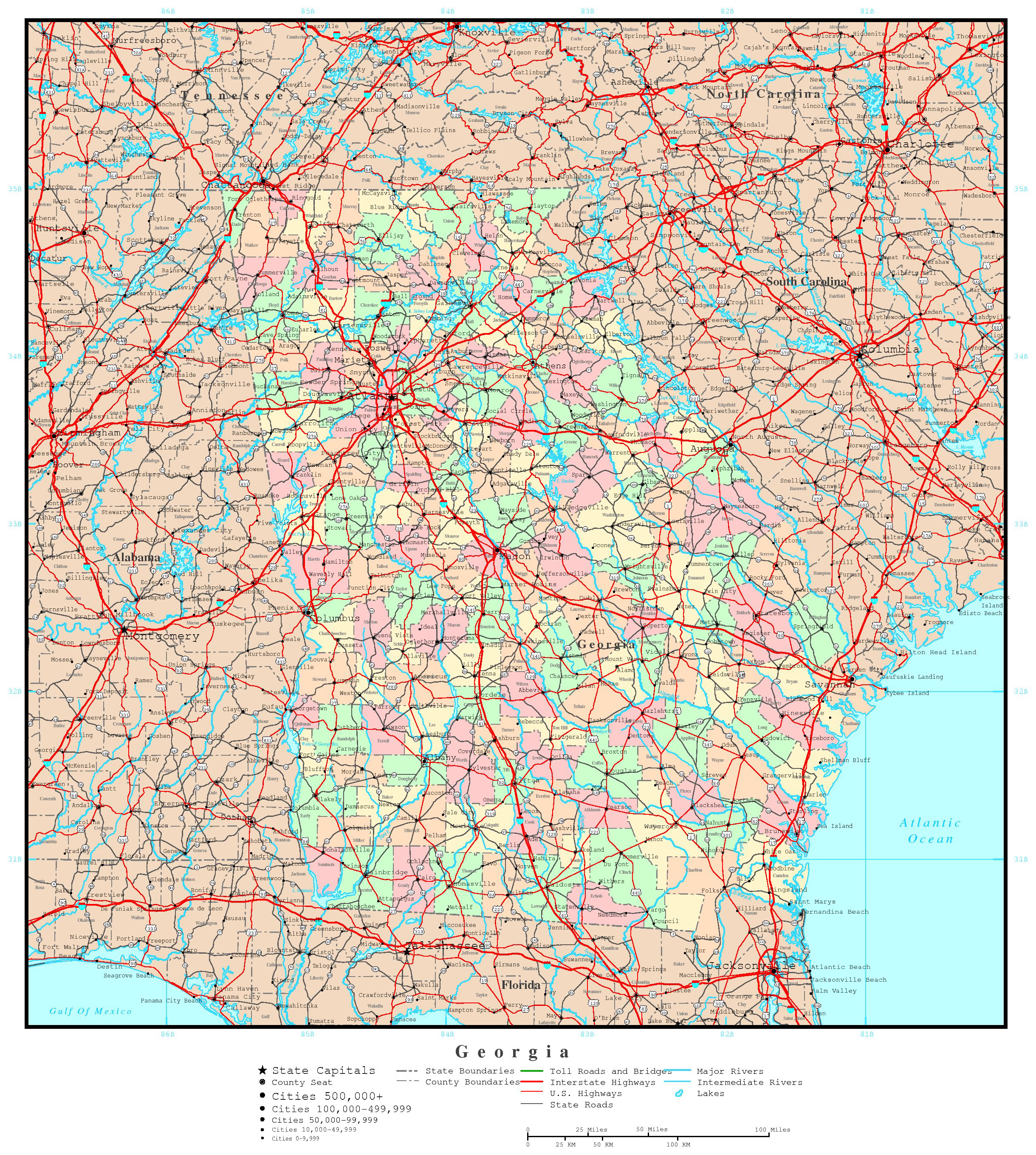 Large detailed administrative map of Georgia state with roads, highways