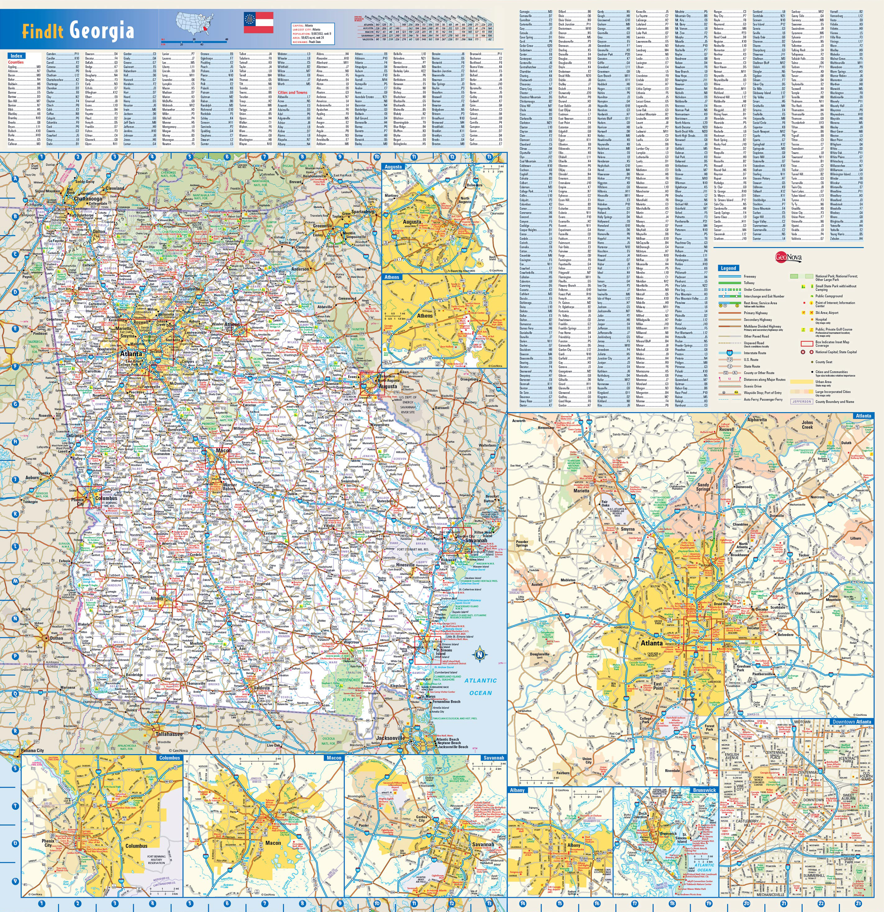 Large roads and highways map of Georgia state with all cities | Vidiani