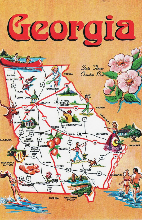 Large tourist illustrated map of Georgia state.