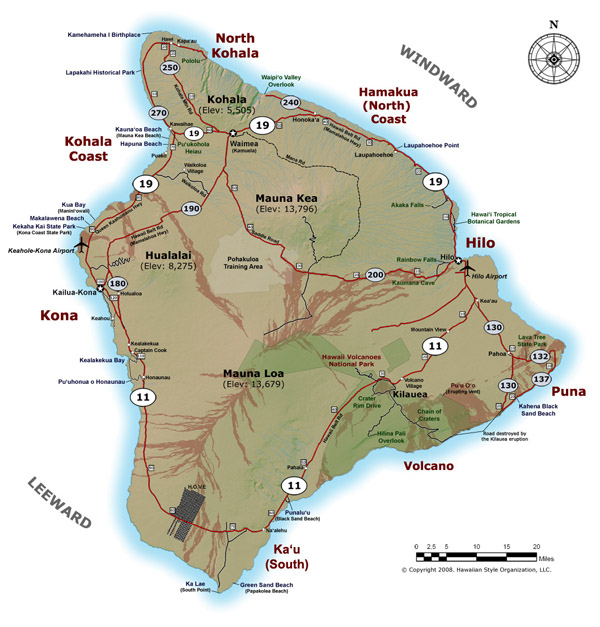 Detailed map of Big Island of Hawaii with roads and cities.