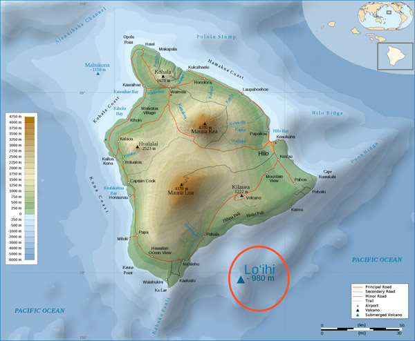 Large detailed physical map of Big Island of Hawaii with roads.