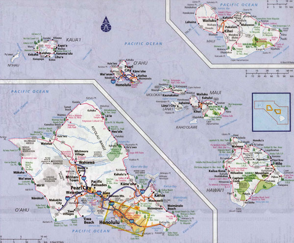 Large detailed road map of Hawaii Islands with all cities and villages.