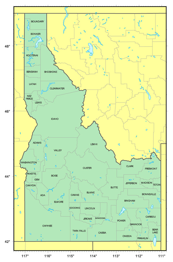 Administrative map of Idaho state. Idaho state administrative map.