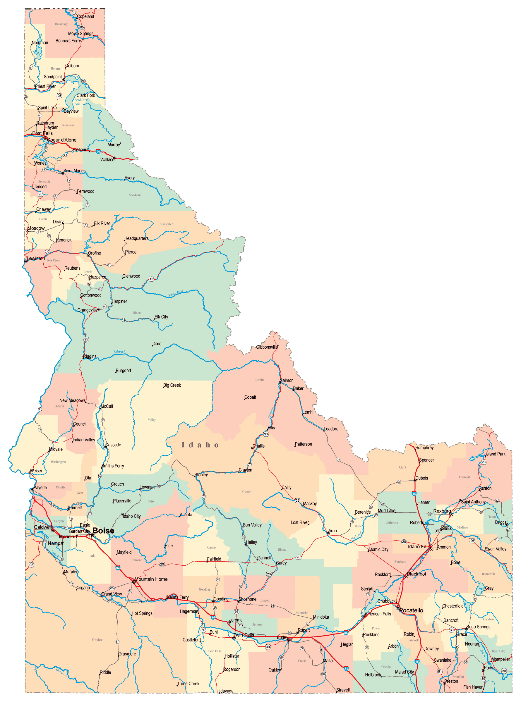 Large administrative map of Idaho state with roads and cities Vidiani