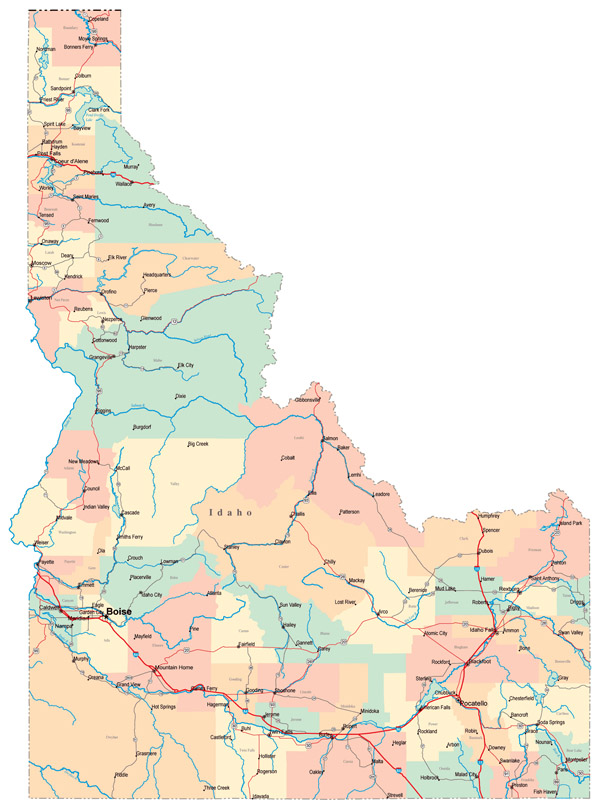 Large administrative map of Idaho state with roads and cities.