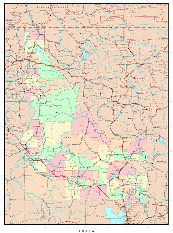 Large administrative map of Idaho with roads, highways and major cities.