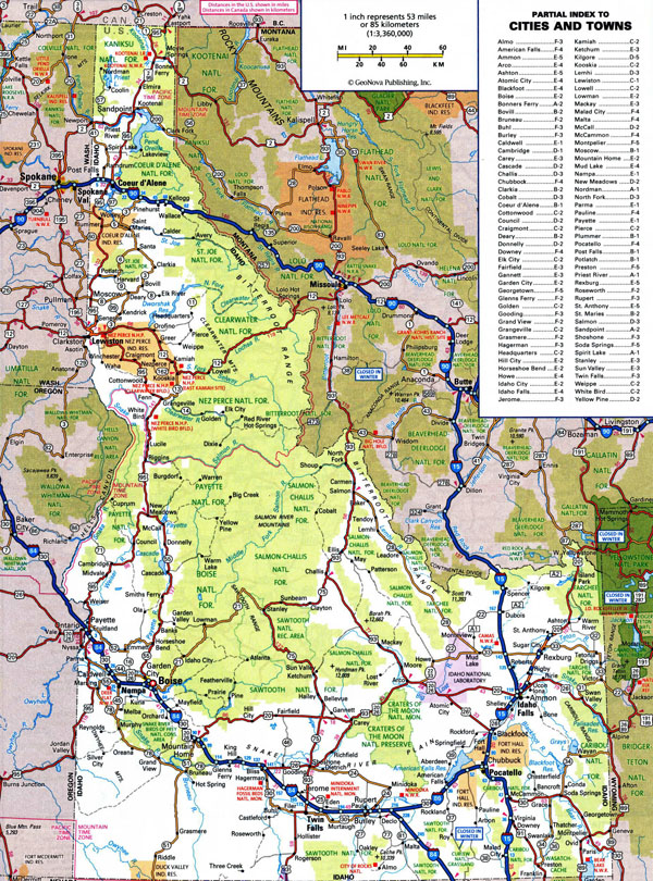 Large detailed roads and highways map of Idaho state with all cities and national parks.