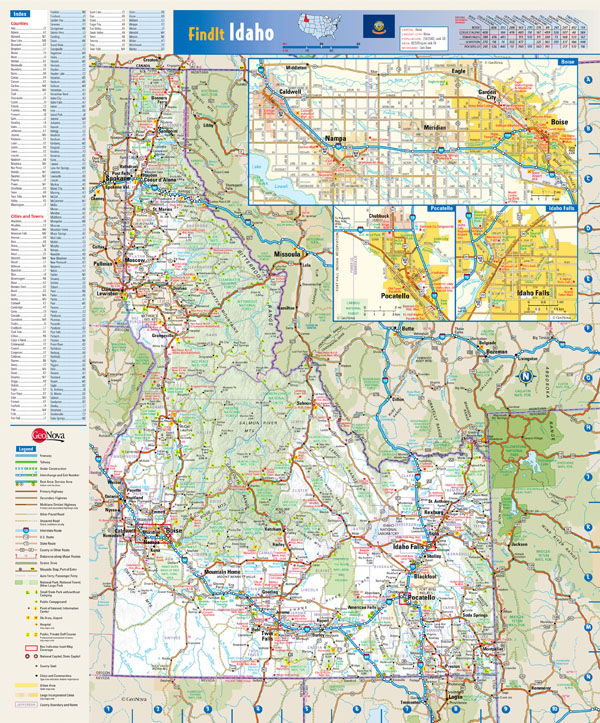 Large detailed roads and highways map of Idaho state with all cities and villages.