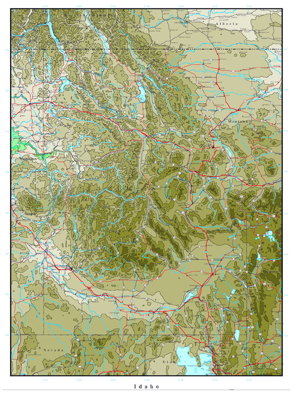 Large printable elevation map of Idaho state.