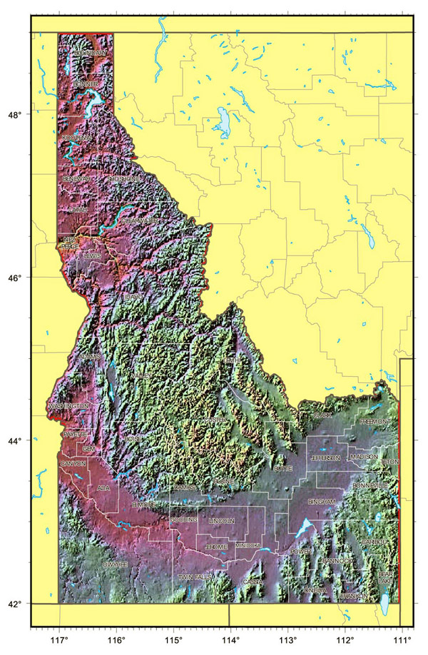 Relief map of Idaho state. Idaho state relief map.