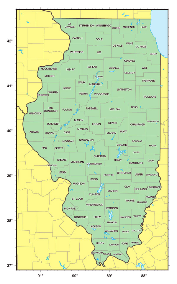 Administrative map of Illinois state.