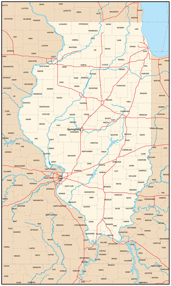 Detailed administrative map of Illinois state.