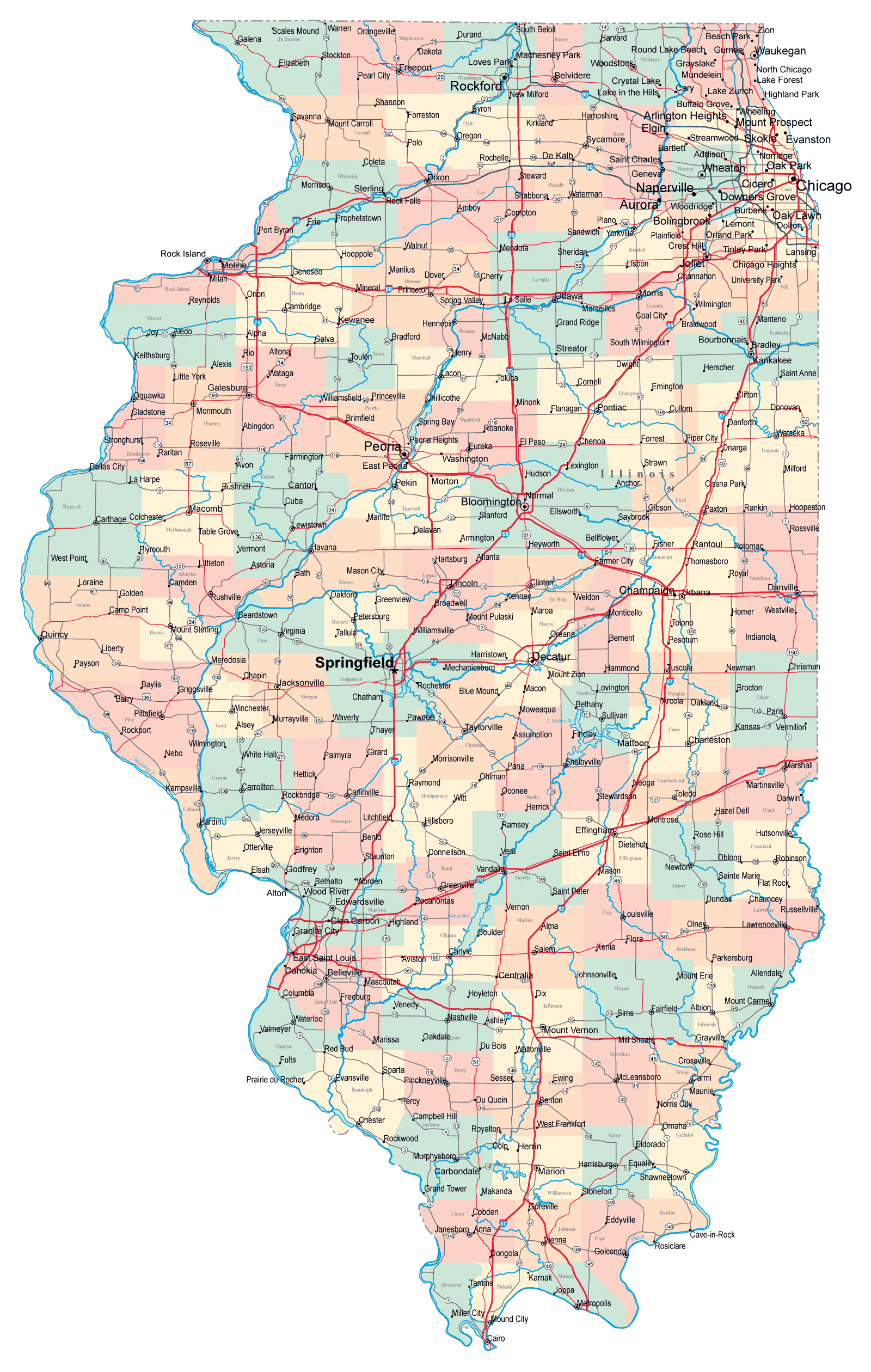 Detailed Administrative Map Of Illinois State With Roads Highways