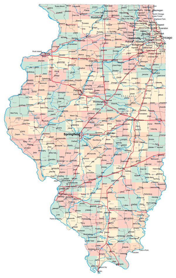 Detailed administrative map of Illinois state with roads, highways and cities.