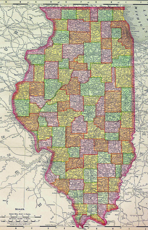 Detailed old administrative map of Illinois state - 1895.