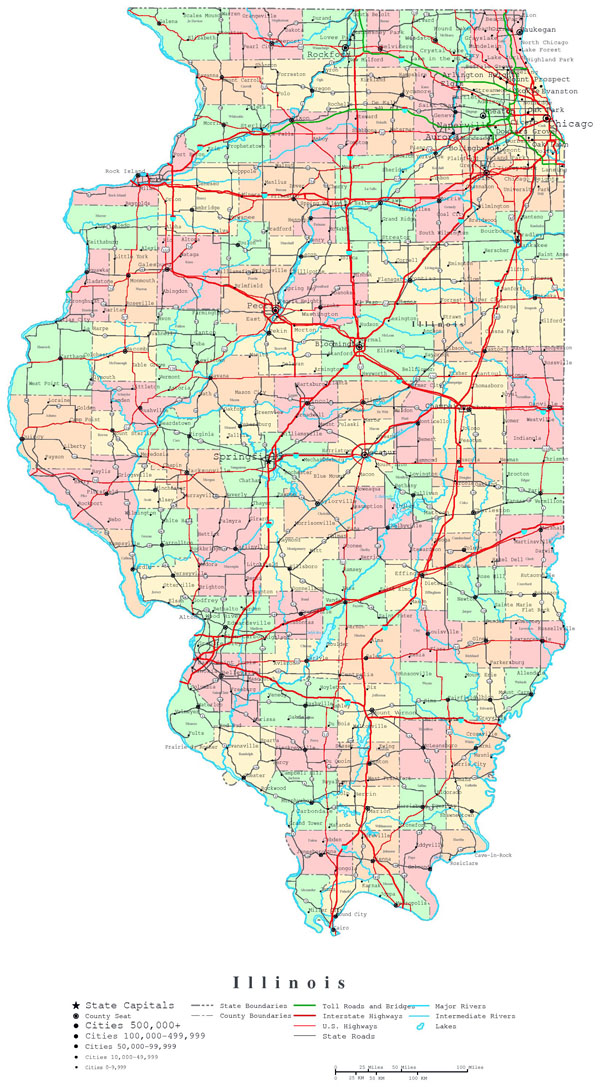 Large detailed administrative map of Illinois state with roads and highways.