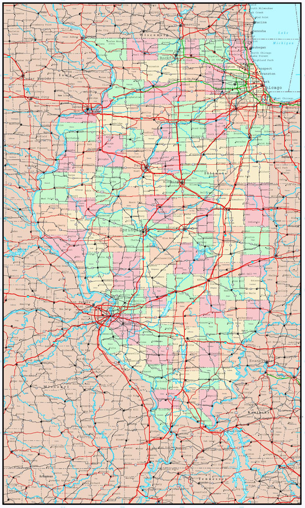Large detailed administrative map of Illinois state with roads, highways and cities.