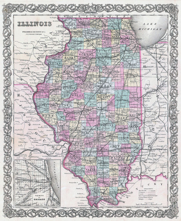 Large detailed old administrative map of Illinois state - 1855.
