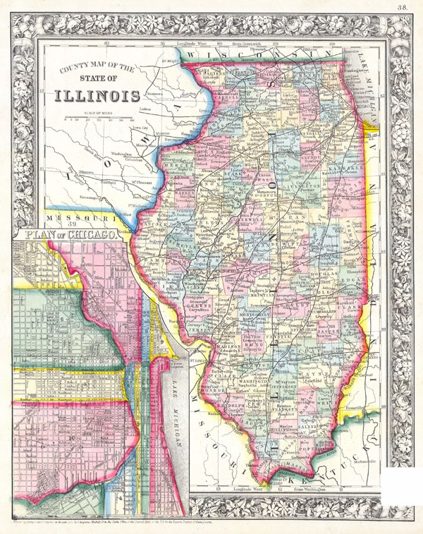 Large detailed old administrative map of Illinois state - 1861.