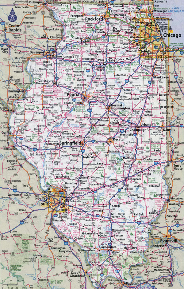 Large detailed roads and highways map of Illinois state with all cities.