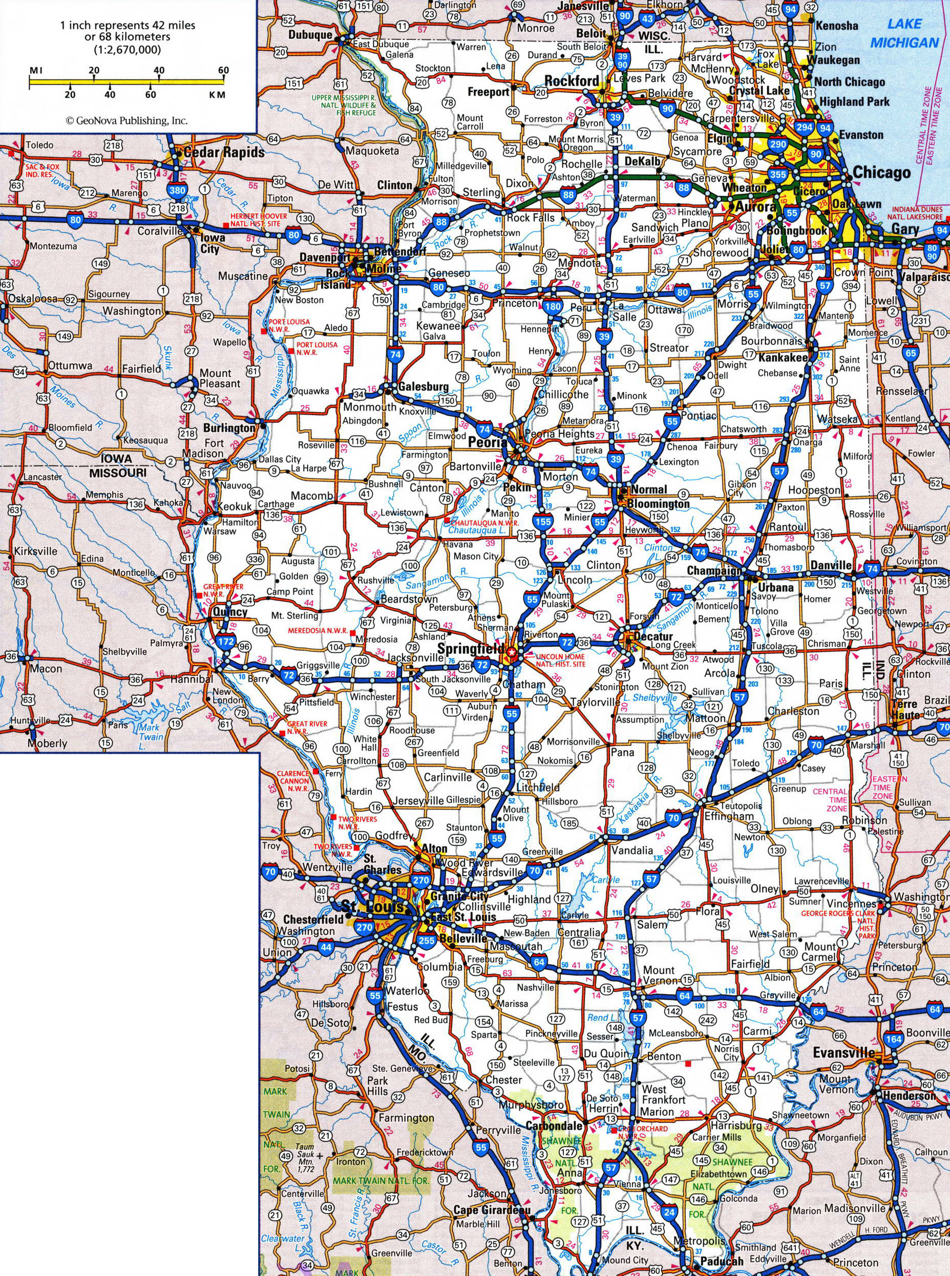 Large detailed roads and highways map of Illinois state with cities