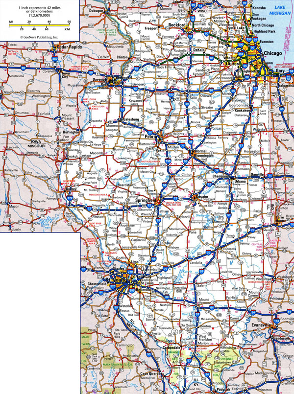 Large detailed roads and highways map of Illinois state with cities.