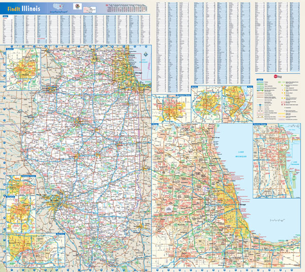 Large detailed roads and highways map of Illinois state with cities and villages.