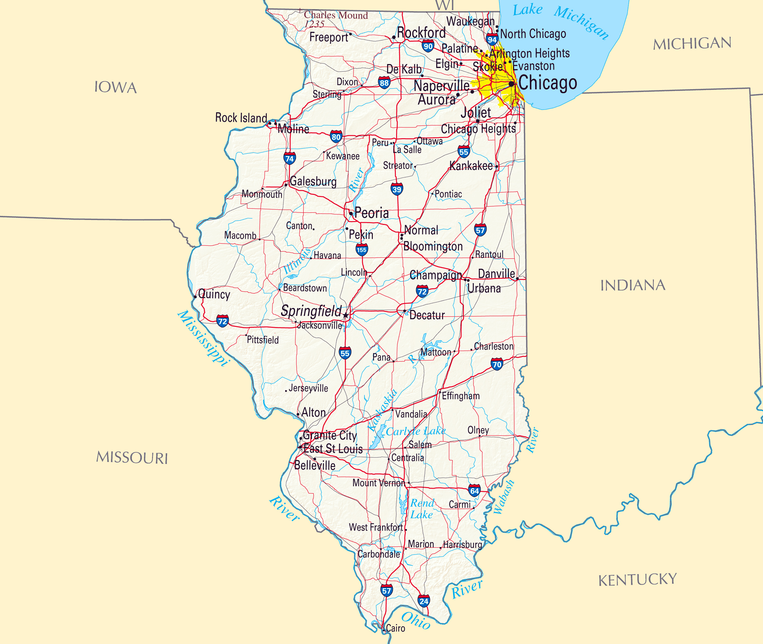 Large Roads And Highways Map Of Illinois With Relief And Major