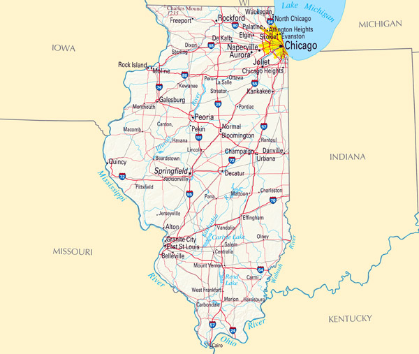 Large roads and highways map of Illinois with relief and major cities.