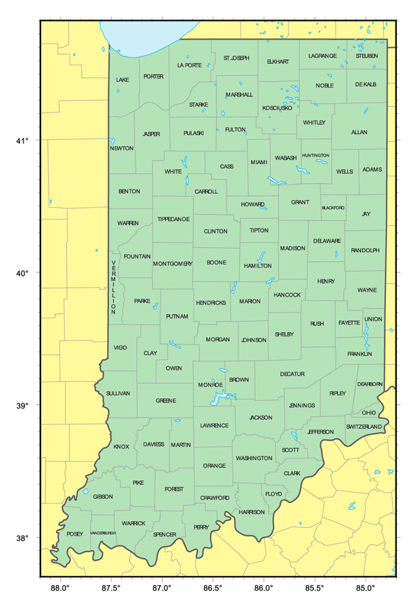 Administrative map of Indiana state. Indiana state administrative map.