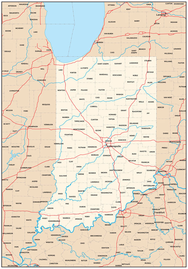 Detailed administrative map of Indiana state.