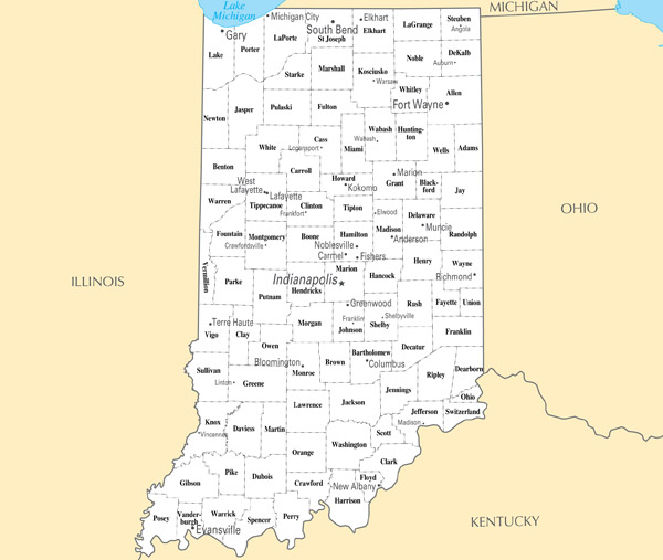 Detailed administrative map of Indiana state with major cities.
