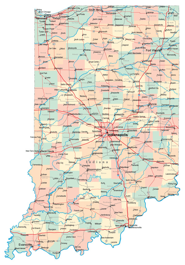 Large administrative map of Indiana state with roads, highways and cities.