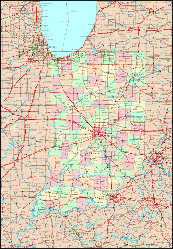 Large detailed administrative map of Indiana state with roads, highways and all cities.