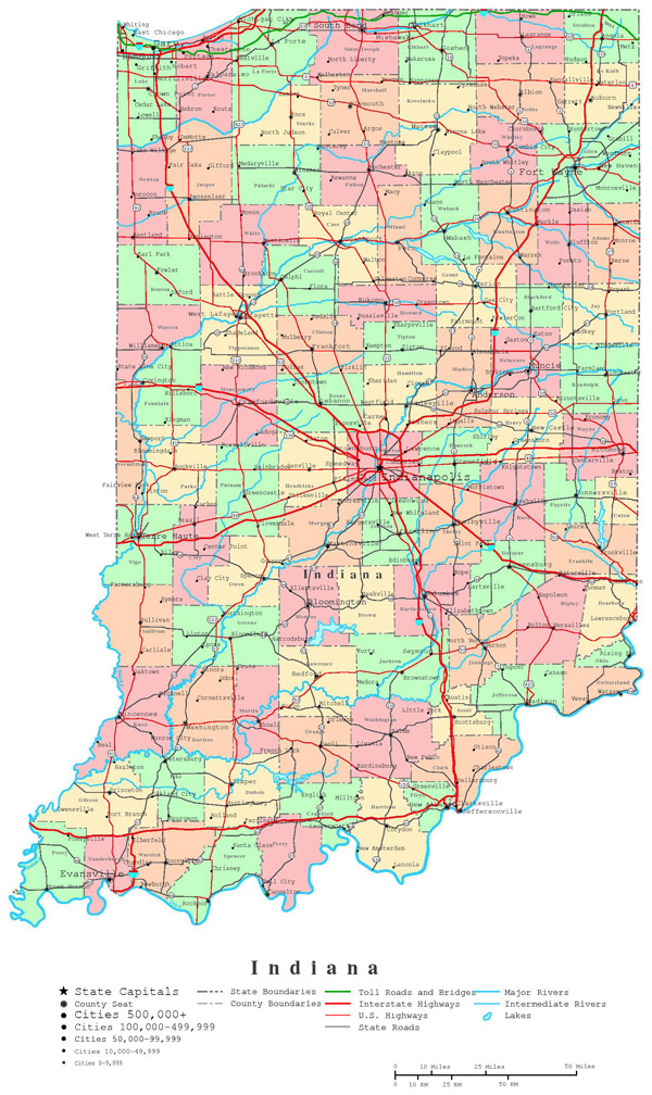 Large detailed administrative map of Indiana state with roads, highways and cities.