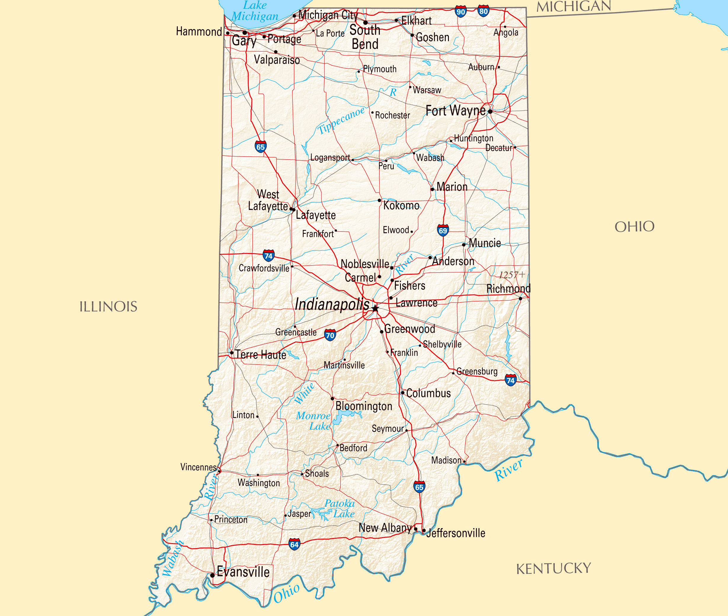 Large Detailed Map Of Indiana State With Roads Highways Relief