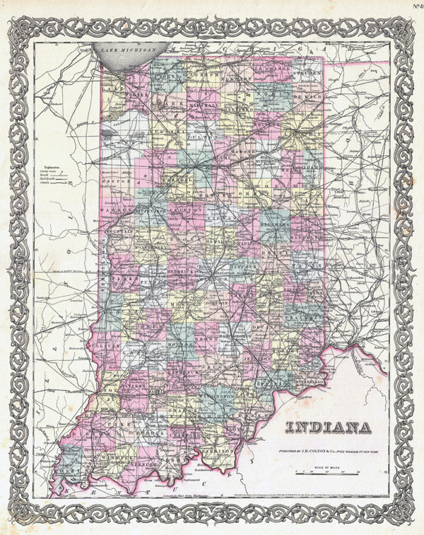 Large detailed old administrative map of Indiana state - 1855.