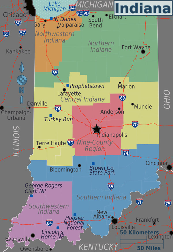 Large detailed regions map of Indiana state.