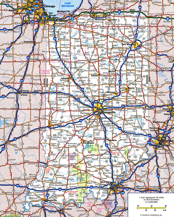 Large detailed roads and highways map of Indiana state with all cities.