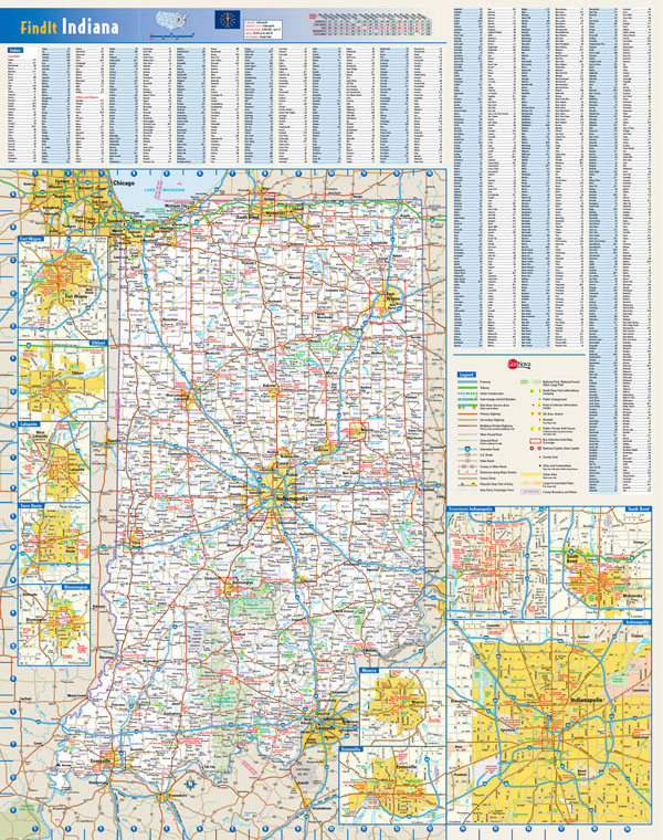 Large detailed roads and highways map of Indiana state with all cities and villages.