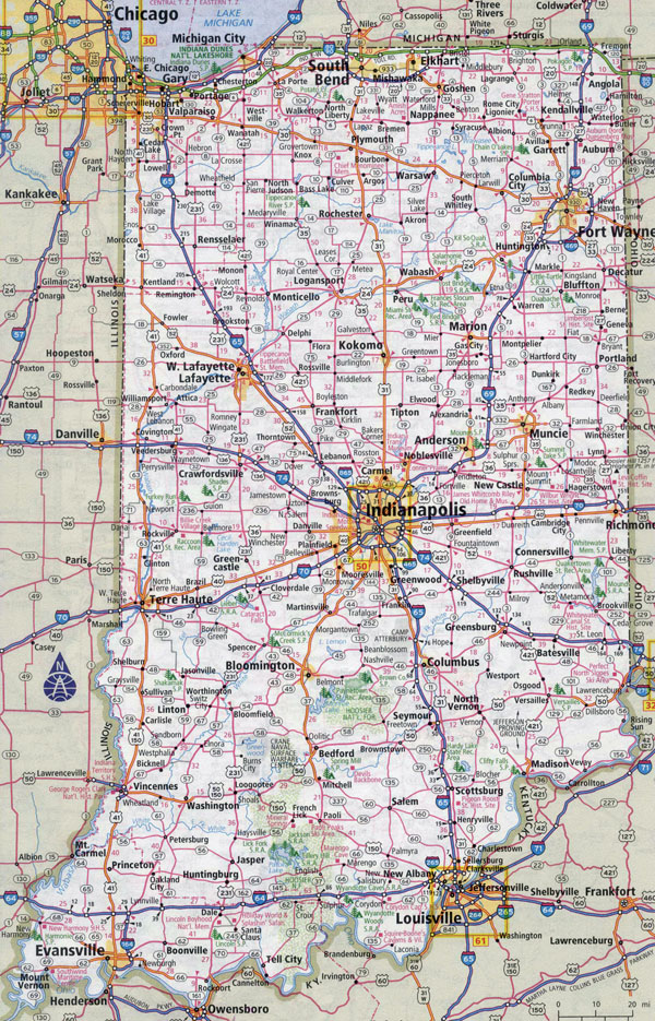 Large detailed roads and highways map of Indiana state with cities.