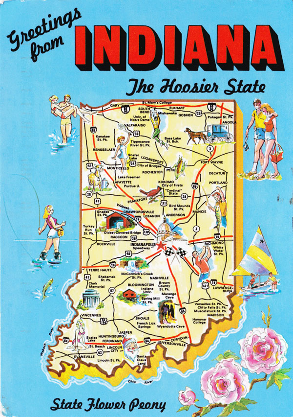 Large detailed tourist illustrated map of Indiana state.
