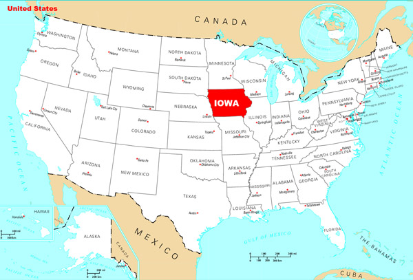 Detailed location map of Iowa state.