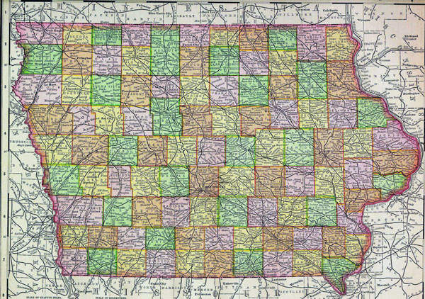 Detailed old administrative map of Iowa with roads and cities - 1895.