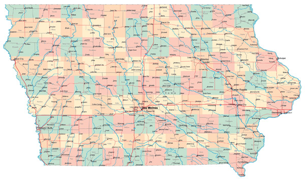 Large administrative map of Iowa state with roads and major cities.