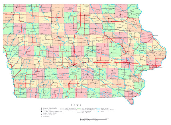 Large detailed administrative map of Iowa state with highways and cities.