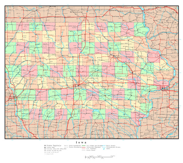 Large detailed administrative map of Iowa state with roads and all cities.