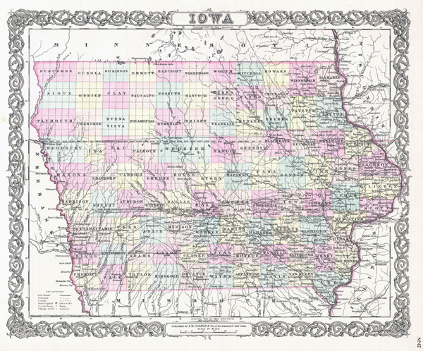 Large detailed old administrative map of Iowa state - 1855.